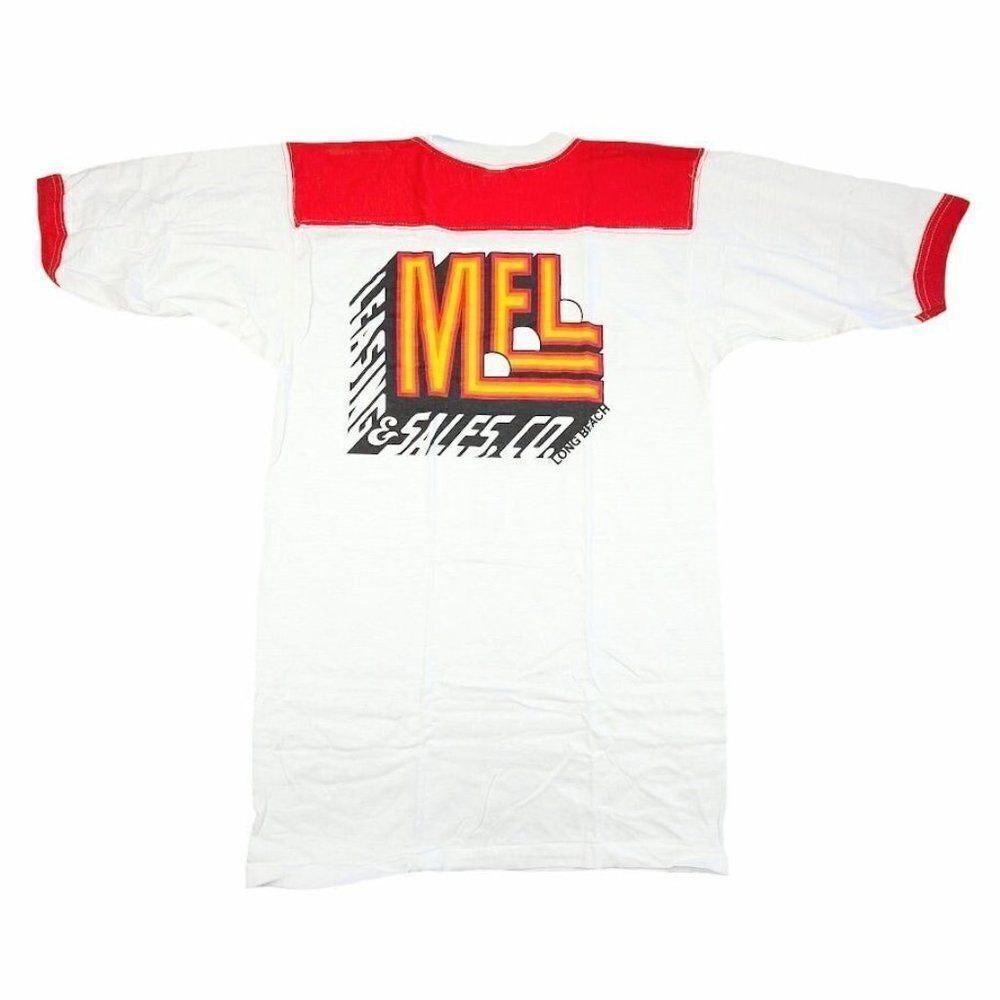 Vintage MEL Long Beach T Shirt Mens Size Large Red 80s Ringer Tee Made In USA